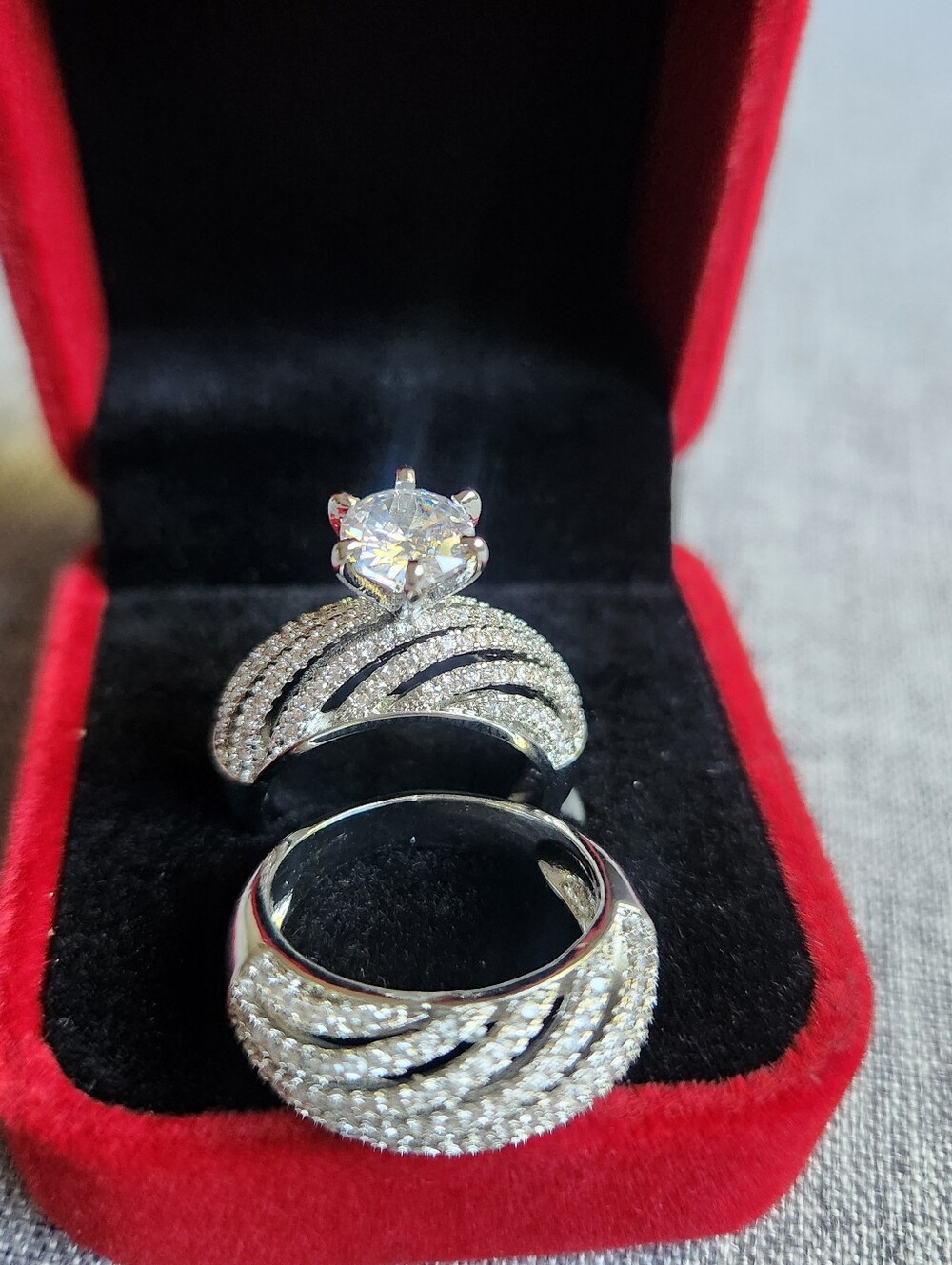 New 925 Silver Round Cut White Sapphire Diamond Ring Set 2pcs